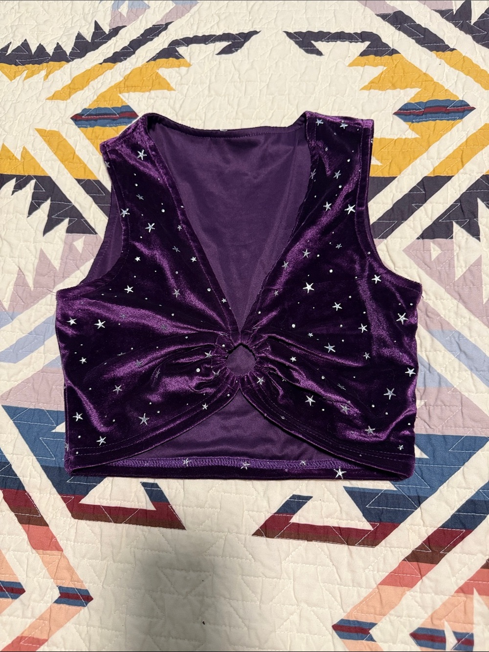 Purple Velvet Crop Top with Star Embellishments and Center Ring